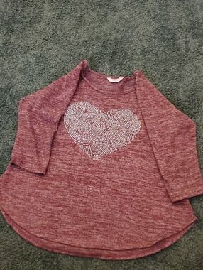 SJS Rose Marled Long-Sleeve Tee with Rhinestone Heart